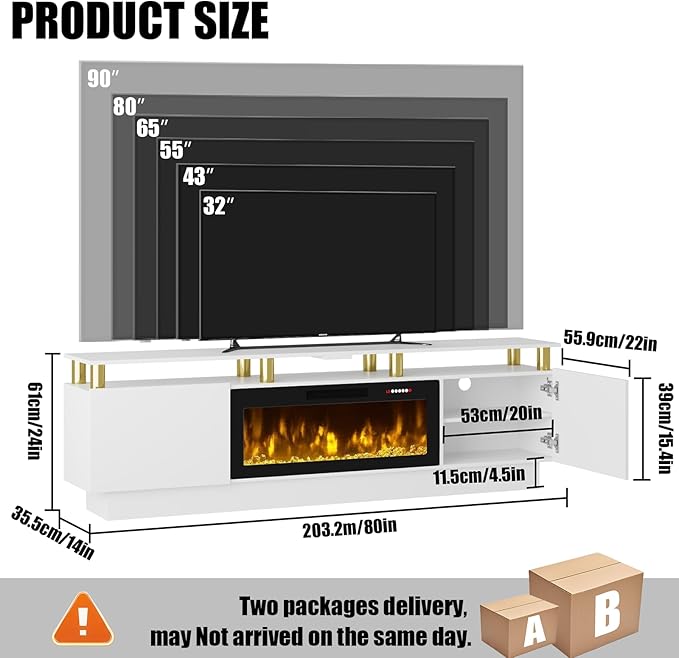 80" Modern Fireplace TV Stand with 36" Electric Fireplace for TVs Up to 90 inch, Luxury LED Light Entertainment Center with High Gloss Cabinet, TV Consoles for Living Room, White + Gold