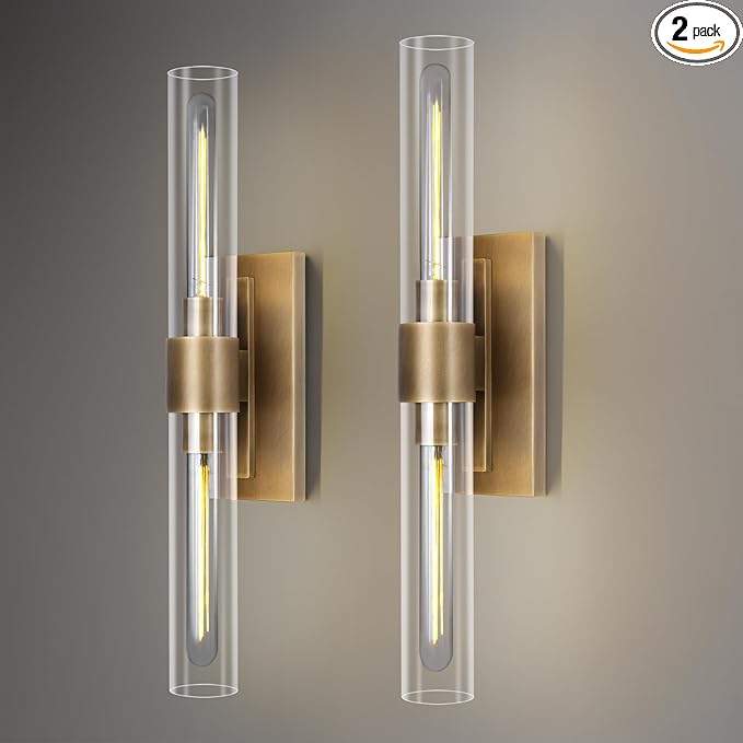 Modern Brass and Glass Wall Sconces, 24" Vanity Lights for Bathroom 2 Lights, Horizontal or Vertical Linear Wall Sconce,Indoor Sconces Wall Lighting,Bathroom Wall Sconce Set of Two