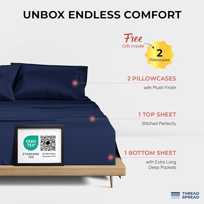 THREAD SPREAD 100% Egyptian Cotton Sheets California King Size - 1200 Thread Count 4 PC Calking Sheet Egyptian Cotton, Cooling Sateen Sheets, High Count Sheet California King - Navy Blue