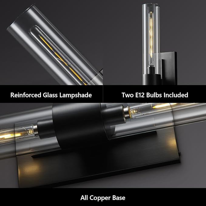 Black Bathroom Wall Sconces, 22.8" Bathroom Vanity Light with Tube Glass, Horizontal or Vertical Linear Wall Sconces,Black Vanity Light, Indoor Wall Sconce for Living Room, Bedroom, Hallway