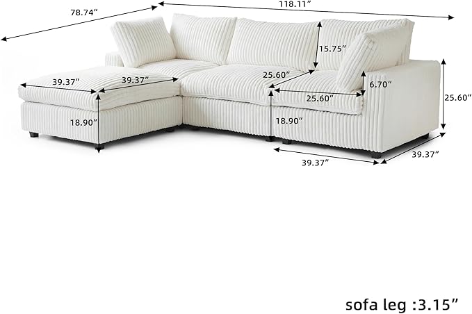 JACH 118" L Shape Sectional Couch, Convertable Modular Couches with Chaise Ottoman, Modern Deep Seat Sofas, Sofa Covers Washable, Minimalist Plush Couch for Living Room, Apartment, Beige