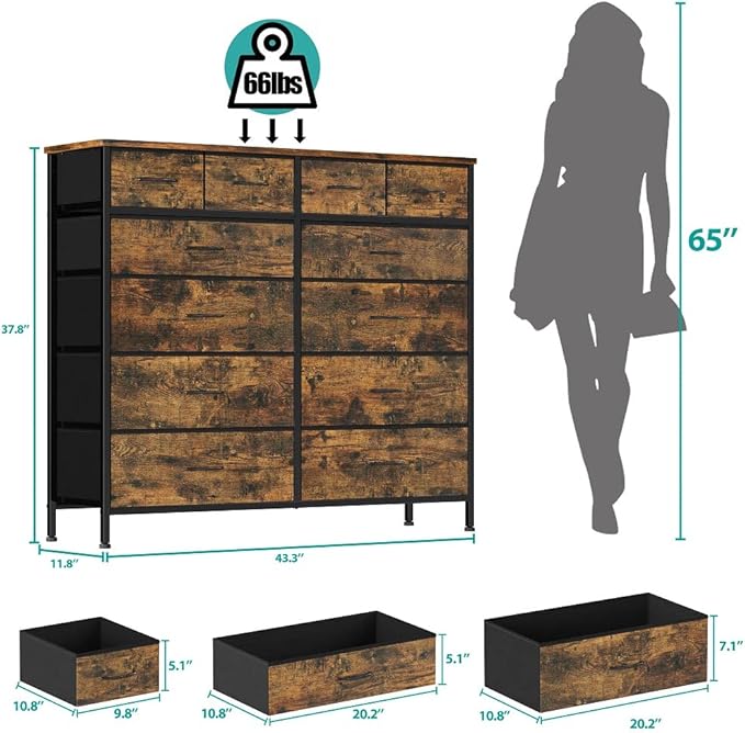 Dresser for Bedroom with 12 Drawers, Tall Fabric Drawer Dresser, Chest of Drawers for Closet, Nursery, Bedside, Living Room, Laundry, Entryway, Hallway(Rustic Brown)
