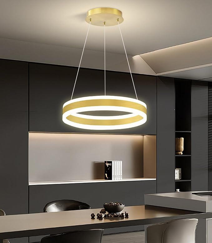 D15.7'' Modern Ring Chandelier for Dining Room LED Dimmable Pendant Lighting High Ceiling Chandelier for Living Room Foyer Bedroom Entryway 3000K-6000K Gold