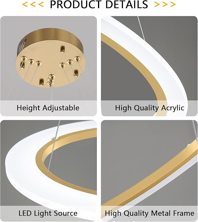 Modern LED Chandelier 3 Ring Chandelier for Dining Room Living Room Pendant Lighting Fixture High Ceiling Hanging LED Pendant Ceiling Light Fixture for Bedroom Foyer Gold