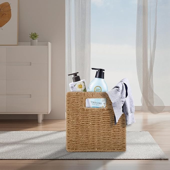 6 Pack 8.7 Inch Wicker Baskets, Hand Woven Paper Rope Storage Baskets, Foldable Cube Storage Bins Organizer Square Wicker Cubes for Shelves Pantry Organizing & Decor