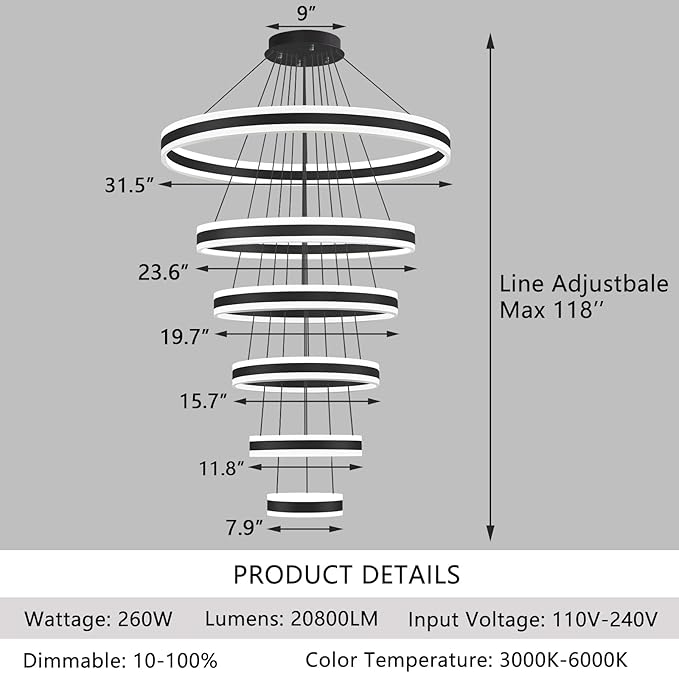 6 Rings Modern LED Chandeliers Large High Ceiling Chandelier for Foyer Black Dimmable Long Handing Lighting Fixture for Living Room Entryway Villa Staircase 3000K-6000K