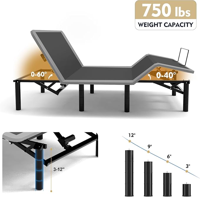 KEIKI Queen Adjustable Bed Frame with Massage Head & Foot Incline, Wireless Remote, USB Ports & LED Night Light – Sturdy, Easy Assembly – Compatible with Adjustable Base – Black
