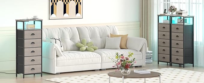 Nightstand with Charging Station,LED Grey Nightstand with 5 Fabric Drawers, Bedside End Tables, 2-Tier Open Storage Shelf Side Table Nightstand with Drawers for Bedroom, Grey