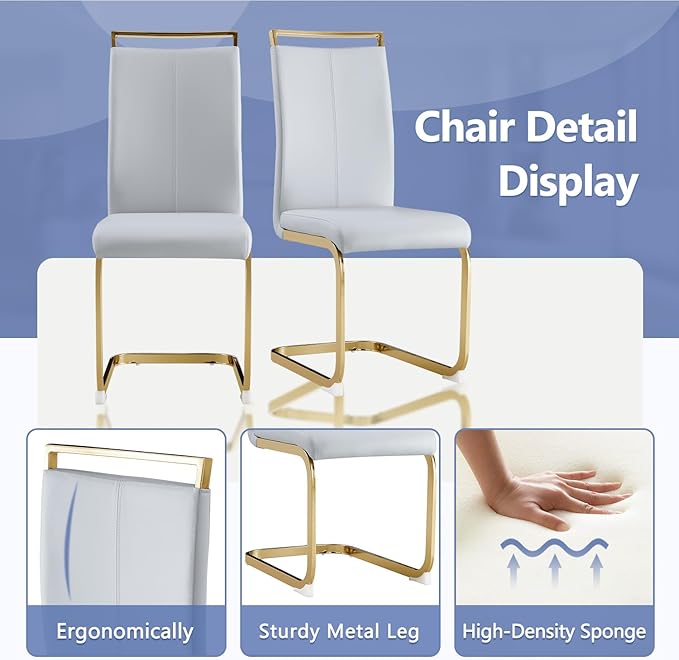 JUFU Dining Table Set for 10, 79'' Dining Table for 8-10 People with Faux Marble Tabletop and Sturdy Leg, White Rectangle Dining Room Table Set for 10 with Light Gray PU Chairs, Ideal for Dining Room