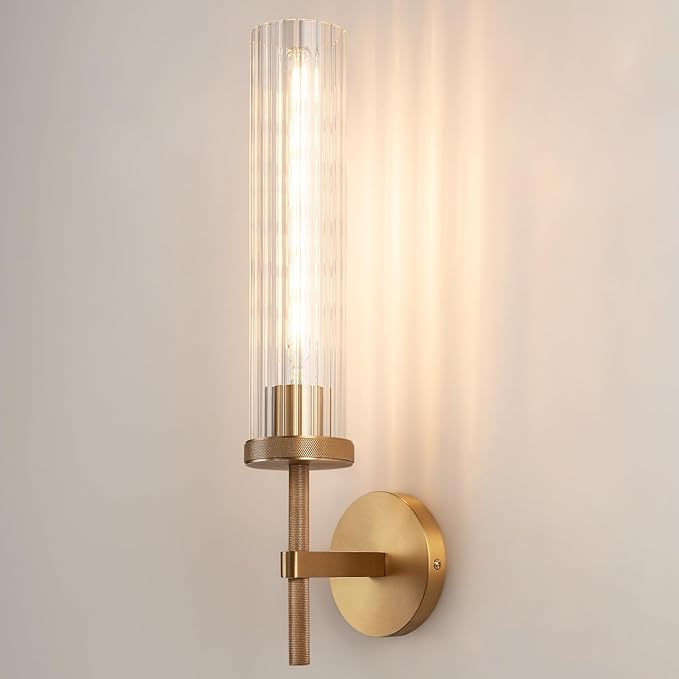 19.5" Knurled Brass Wall Sconce with Vertical Striped Glass Tube, Gold Bathroom Vanity Light Fixtures, Modern Lamp Lighting for Bedroom, Living Room, Hallway, Staircase, Mirror, Kitchen