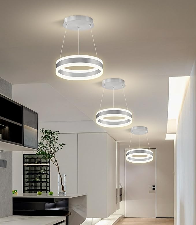 D7.8'' Modern Ring Chandelier for Dining Room LED Dimmable Pendant Lighting High Ceiling Chandelier for Living Room Foyer Bedroom Entryway 3000K-6000K Silver