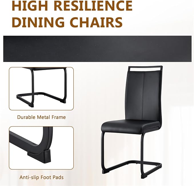 Faux Marble Dining Table Set for 6 (79 Inches Oversized Dining Room Table Set) (3.5'' Thick TOP)('H' Sturdy Base) Kitchen Table and PU Ergonomic Dining Chair 6 for Dining Room Living Room,Black