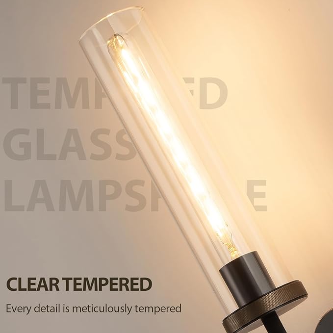 19.5" Knurled Brass Wall Sconce with Clear Glass Tube, Black Gold Bathroom Vanity Light Fixtures, Modern Lamp Lighting for Bedroom, Living Room, Hallway, Staircase, Mirror, Kitchen