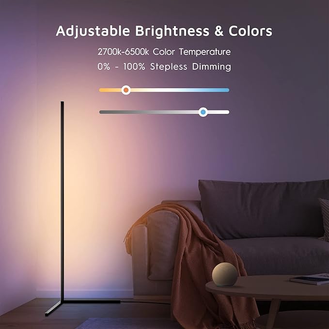 RGBWW Corner Lamp, Color Changing Floor Lamps for Living Room, Compatible with Alexa, Google Home, WiFi APP Remote Control, 2700k-6500k Smart LED 61" Tall Standing Lamp for Bedroom Game Room