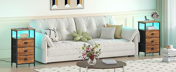 Nightstand with Charging Station,LED Night Stand with 3 Fabric Drawers, Bedside End Tables, 2-Tier Open Storage Shelf Side Table Nightstand with Drawers for Bedroom,Rustic Brown