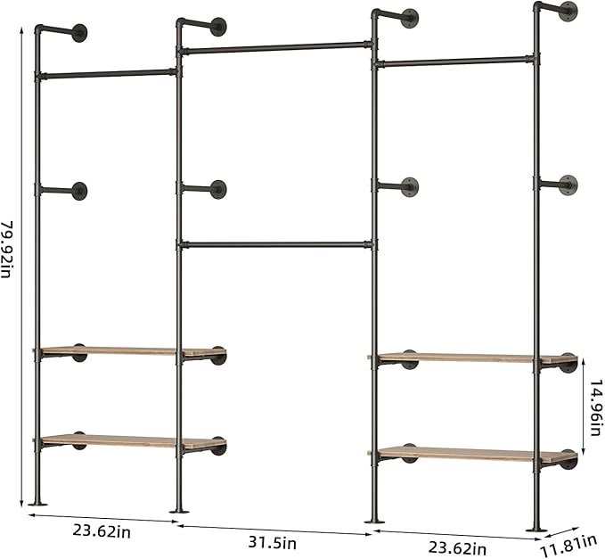 Industrial Pipe Clothing Rack, Wall Mounted Clothes Rack for Hanging Clothes, Retail Display Rack with Shelves, Add Corner installation Method (Black, III-2Tier)