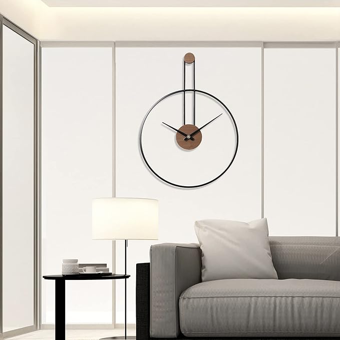 YISITEONE Medium Decorative Wall Clock for Living Room,Metal & Walnut Dial Home Decor Silent Non Ticking Lightweight Clocks for Bedroom, Study, Office Decorations, 24.4" X 17.7",Black