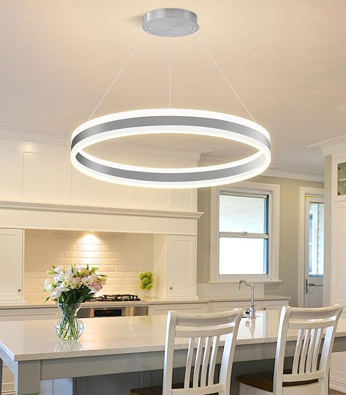 D23.6'' Modern Ring Chandelier for Dining Room LED Dimmable Pendant Lighting High Ceiling Chandelier for Living Room Foyer Bedroom Entryway 3000K-6000K Silver