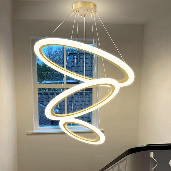 Modern LED Chandelier 3 Ring Chandelier for Dining Room Living Room Pendant Lighting Fixture High Ceiling Hanging LED Pendant Ceiling Light Fixture for Bedroom Foyer Gold