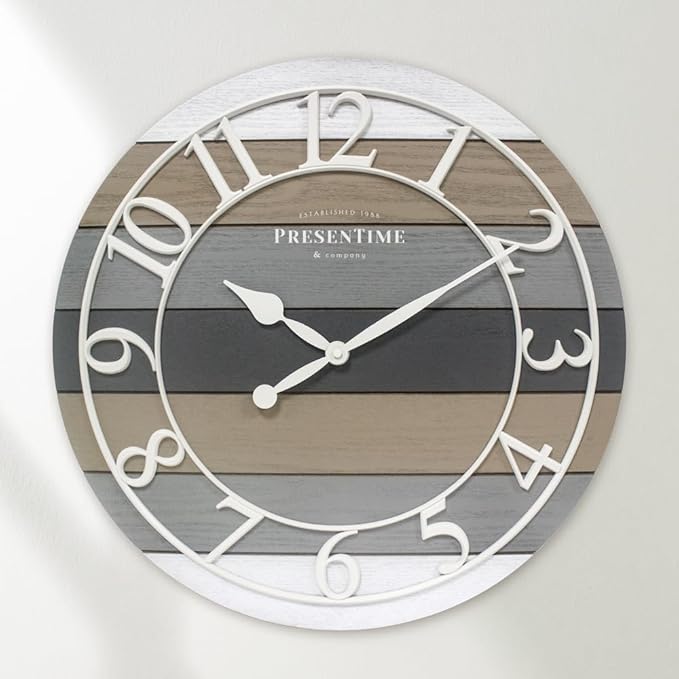 Presentime & Co Modern Farmhouse Shiplap Clock, 19.5 inch, White Arabic Numerals with Multicolor Woodgrain Shiplap Style. Large Farmhouse Decor for Living Room, Entryway, Home Office. Wall Décor