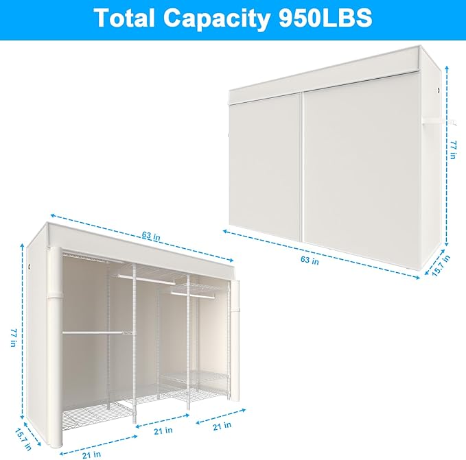 Ulif E13C Heavy Duty Closet Organizer System，Freestanding Clothing Racks for Hanging Clothes，Adjustable Garment Rack 63" W x 16" D x 77" H Hold 960 lbs，White Clothing Rack with White Dustproof Cover