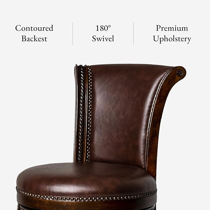 Maven Lane Pullman Counter Stool 26 Inches – Set of 2 – Swivel Stools with Footrest – Dark Brown Solid Wood Frame & Brown Faux Leather Upholstery – Perfect for Kitchen Islands & Counters
