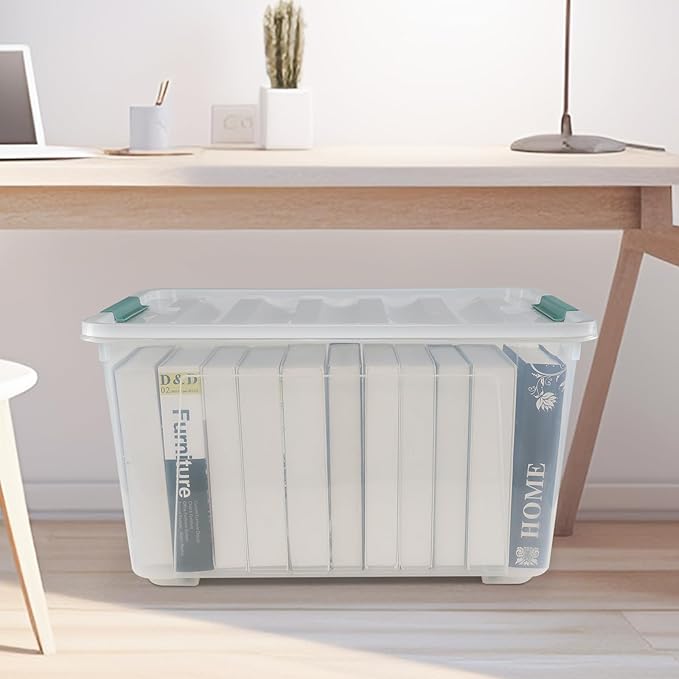 85 L Clear Latch Storage Bin with Lid and Wheels, Stackable Plastic Storage Boxs, 4 Packs