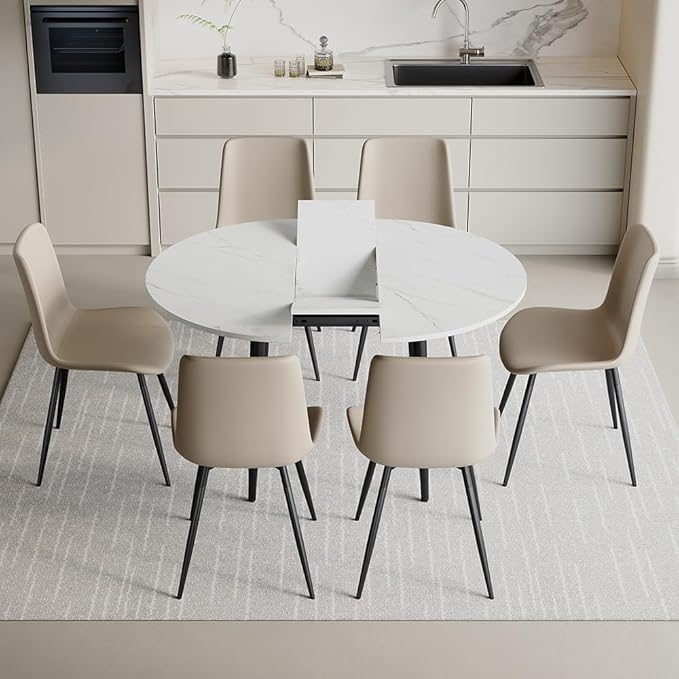 42"-54" Extendable Dining Room Table Set for 6, Round Dining Table Set for 6, White Kitchen Table with Upholstered Chairs Set of 6, 7 Piece Dining Table Set for Small Spaces, Easy Assembly