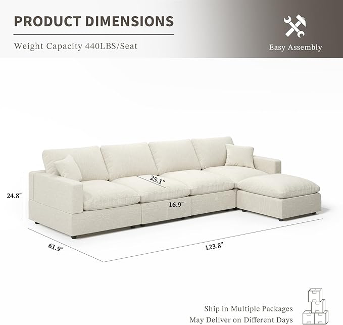 Cloud Couch Modular Sectional Sofa, 123.8" 5-Seater L Shaped Sectional Couches for Living Room, Convertible Cloud Sofa with Ottoman, Down Filled Wide & Deep Seat, Removable Washable Cushion Covers