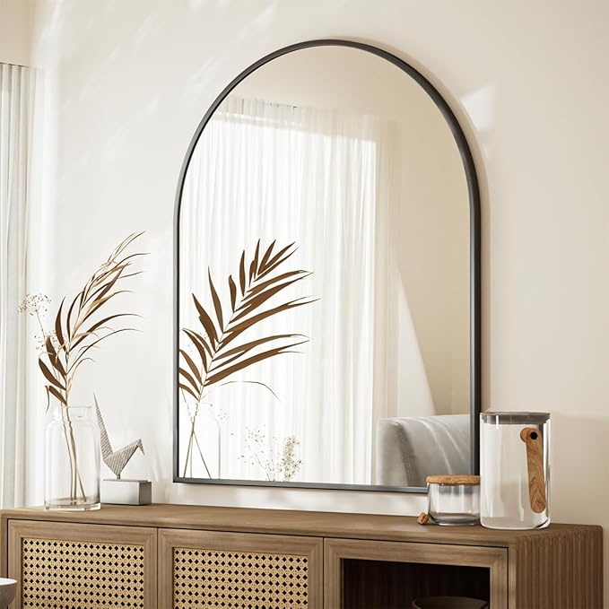 Arched Bathroom Mirror, 32x34 Inch - Wall Mounted Vanity Mirror with Aluminum Alloy Frame - Ideal for Living Room, Bedroom, Bathroom, and Entryway, Hanging or Leaning, Black