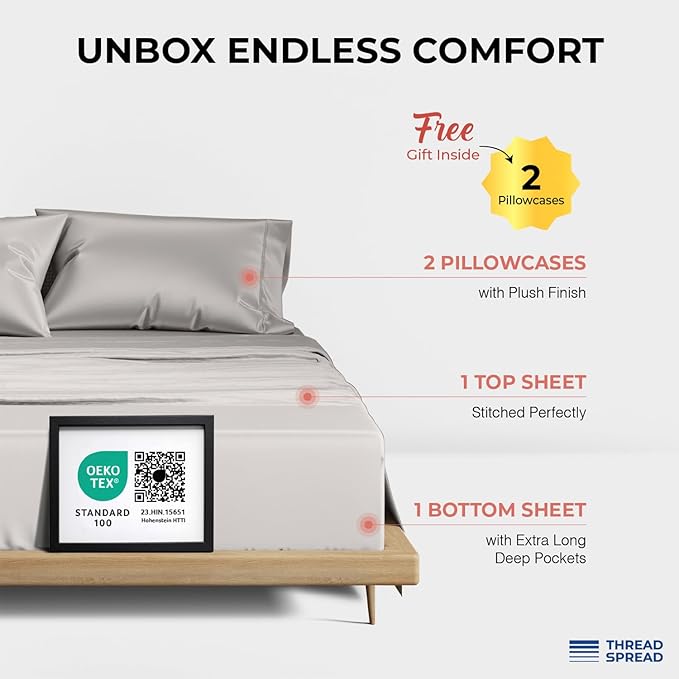 THREAD SPREAD 100% Egyptian Cotton King Size Sheets Set - 4 PC Luxury 1200 Thread Count Egyptian Cotton Sheets King Size, Soft, Cooling, Sateen Weave 17" Deep Pocket Bed Set - Light Grey