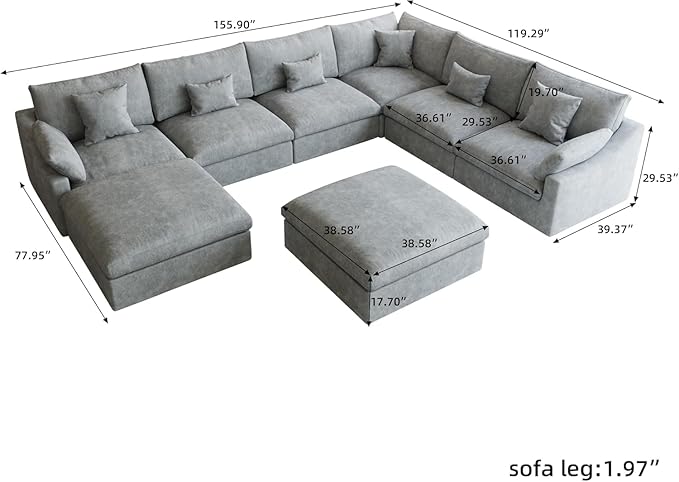 Cloud Couch Modular Sectional Sofa,160" U Shaped Couch, Down Filled Convertible Wide Seater with Ottoman, 8 Seater for Living Room Set,Covers Washable&Replaceable,Gray