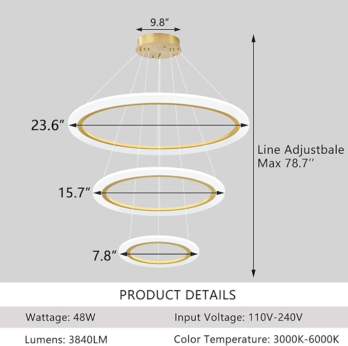Modern LED Chandelier 3 Ring Chandelier for Dining Room Living Room Pendant Lighting High Ceiling Hanging Light Fixture for Bedroom Foyer Gold