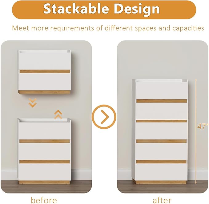 Large Modern Nightstand White Bedside Table, 2 Drawer Dresser Wood Stackable Storage Drawers for Clothes for Closet, Bedroom, 24"x16"x20"