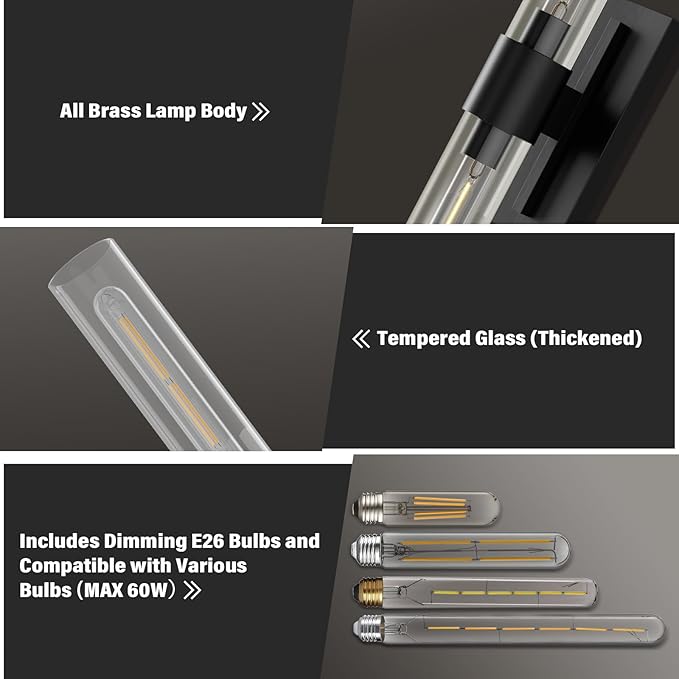 Black Wall Sconce for Bathroom Vanity, Copper Wall Light Fixtures, 22.8" Modern Two Glass Tube Wall Sconce, Indoor Wall Mounted Sconce for Bathroom Mirror, Bedroom, Living Room