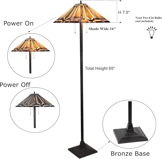 Tiffany Style Mission Floor Lamp 65" Tall Stained Glass Floor Standing Light Fixture for Living Room Reading Bedroom Office, Multi-Colored