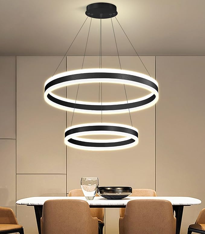 D15.7''+23.6'' Modern Ring Chandelier for Dining Room LED Dimmable Pendant Lighting Chandelier for Living Room Foyer Bedroom Entryway 3000K-6000K Black