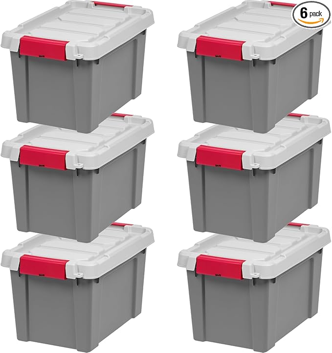 IRIS USA 5 Gallon Lockable Storage Totes with Lids, 6 Pack - Gray, Heavy-Duty Durable Stackable Containers, Large Garage Organizing Bins Moving Tubs, Rugged Sturdy Equipment Utility Tool Box