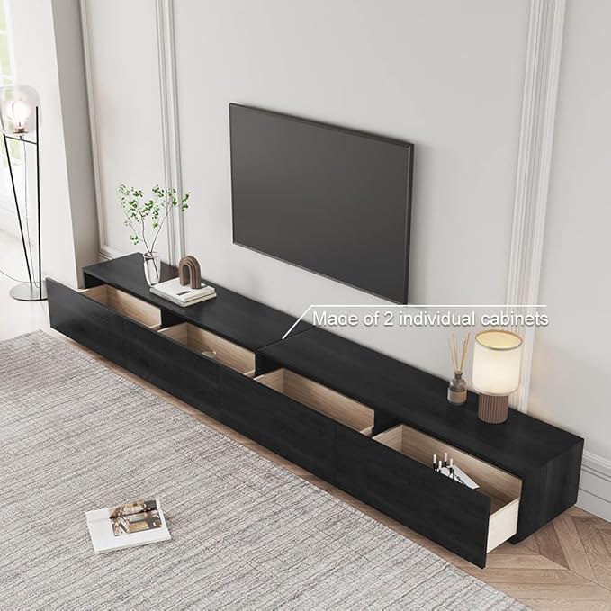 POVISON 118" Modern Solid Wood TV Stand with Storage, Fully Assembled, Large Entertainment Center 4 Drawers, TV Media Console Living Room TV Stand Black