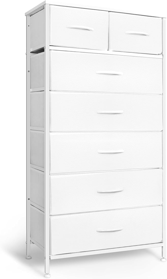Tall Dresser for Bedroom, Vertical Storage Organizer Tower with 7 Drawers, Chest of Drawers with Fabric Bins, Steel Frame, Wood Top for Bedroom, Closet, Entryway- White
