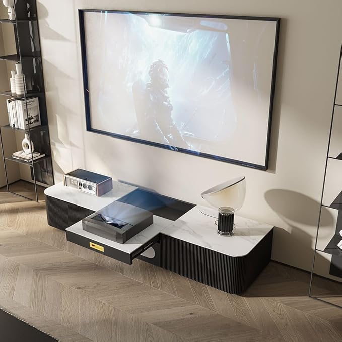 POVISON Modern TV Stand for Projector, Sintered Stone Entertainment Center with Storage for Living Room Bedroom, 55 inch TV Stand, Solid Wood TV Stand