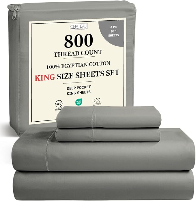 100% Cotton Sheets King Size Sheets Set, 15" Deep Pocket King Sheet Set, 800 Thread Count Sateen Weave Luxury Hotel Sheets, Naturally Cool Long Staple Egyptian Cotton, No Pilling & Shrink - Silver