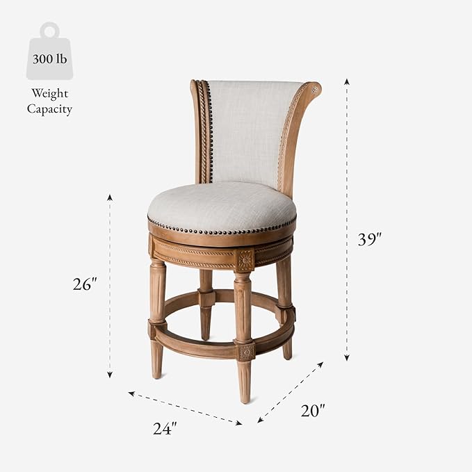 Maven Lane Pullman Counter Stool 26 Inches – Set of 4 – Swivel Stools with Footrest – Light Brown Solid Wood Frame & Natural Fabric Upholstery – Perfect for Kitchen Islands & Counters