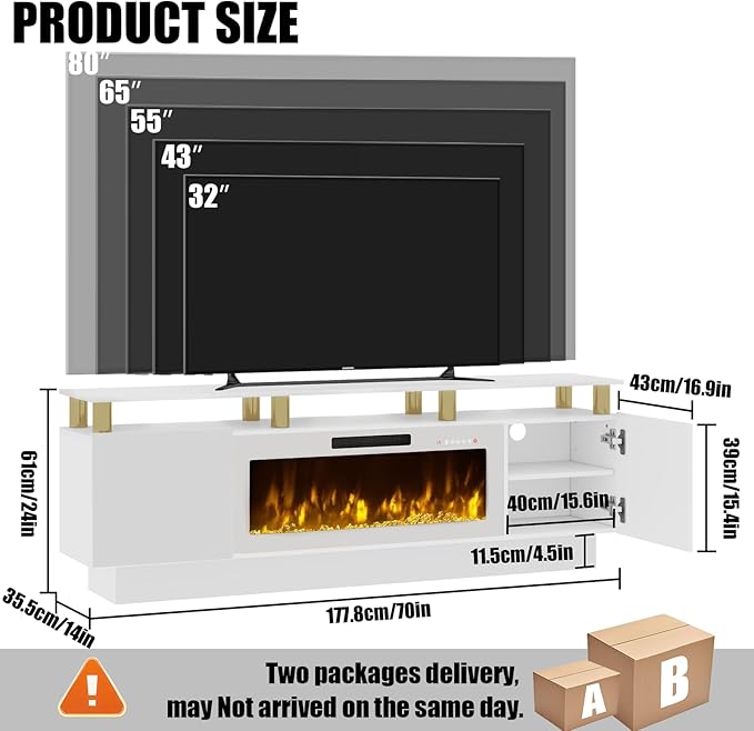 70" Modern Fireplace TV Stand with 36" Electric Fireplace for TVs Up to 80 inch, Luxury LED Light Entertainment Center with High Gloss Cabinet (White + Gold Posts with White Fireplace)