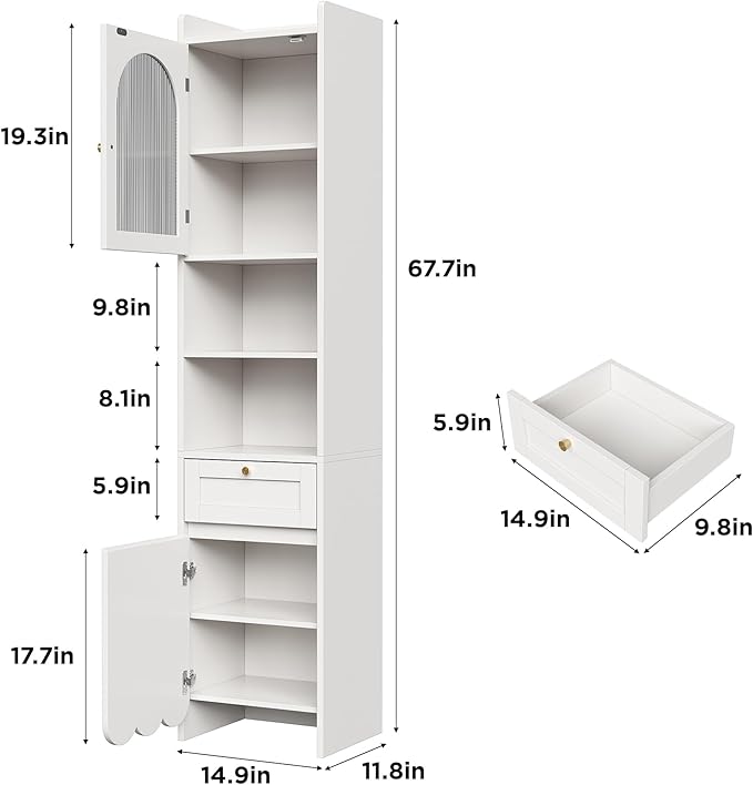 Tall Bathroom Storage Cabinet with 1 Drawer and 2 Doors - Modern Bath Organizer, Slim Freestanding Storage for Bathroom Essentials (11.8 Inches Wide), White