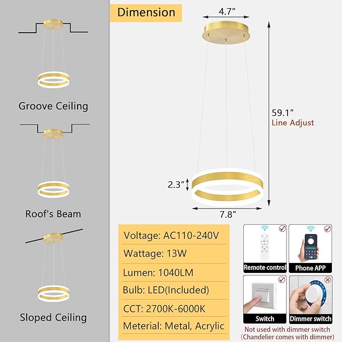 D7.8'' Modern Ring Chandelier for Dining Room LED Dimmable Pendant Lighting High Ceiling Chandelier for Living Room Foyer Bedroom Entryway 3000K-6000K Gold