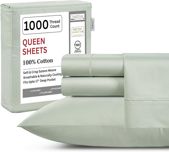 100% Cotton Bed Sheets- 1000 Thread Count Bedding Sheet & Pillowcase Sets, Hotel Luxury Sheets Queen Size, Soft Breathable Sateen Weave, 15" Deep Pocket Queen Sheet Set - Mineral