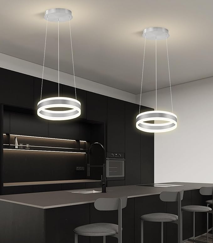 D7.8'' Modern Ring Chandelier for Dining Room LED Dimmable Pendant Lighting High Ceiling Chandelier for Living Room Foyer Bedroom Entryway 3000K-6000K Silver