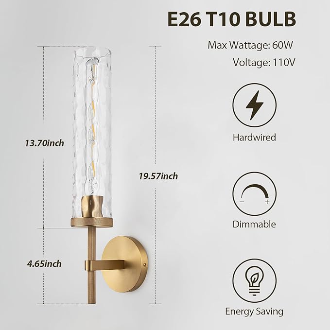 19.5" Knurled Brass Wall Sconce with Water Ripples Glass Tube, Gold Bathroom Vanity Light Fixtures, Modern Lamp Lighting for Bedroom, Living Room, Hallway, Staircase, Mirror, Kitchen