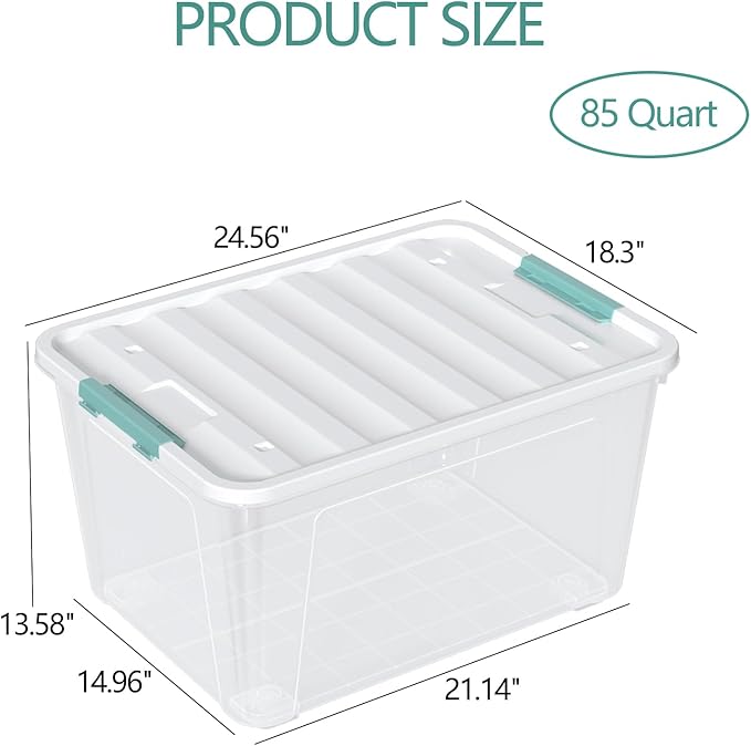 85 Quart Plastic Storage Bin with Latching Lid, Large Clear Storage Box, 4 Pack